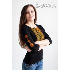 Embroidered t-shirt with 3/4 sleeves "Lace" orange on black